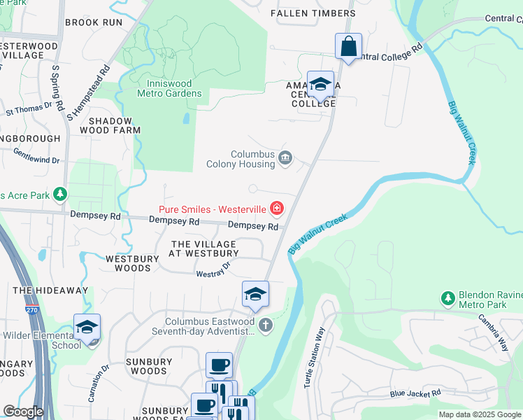 map of restaurants, bars, coffee shops, grocery stores, and more near 1226 Norway Lane in Westerville