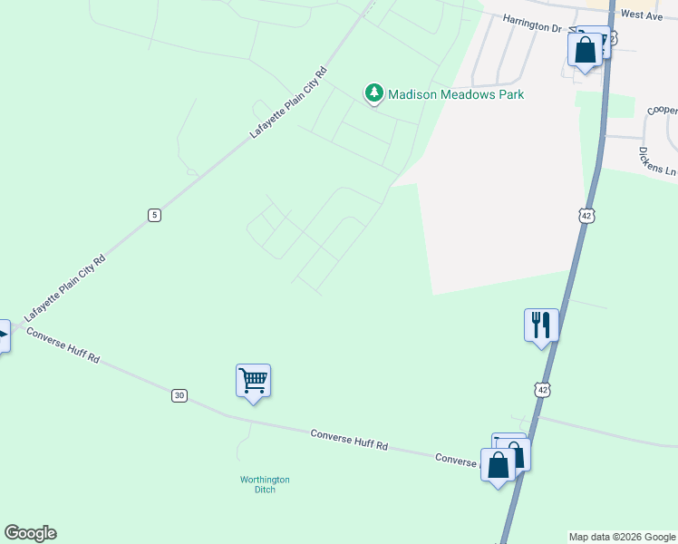map of restaurants, bars, coffee shops, grocery stores, and more near 5930 Converse Huff Road in Plain City