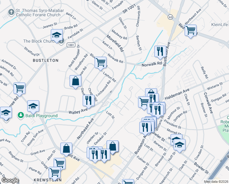 map of restaurants, bars, coffee shops, grocery stores, and more near 9743 Krewstown Road in Philadelphia