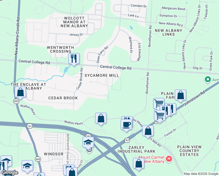 map of restaurants, bars, coffee shops, grocery stores, and more near 8323 Marwithe Pl in New Albany