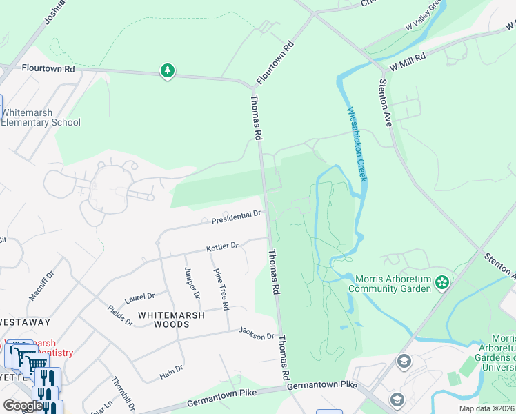 map of restaurants, bars, coffee shops, grocery stores, and more near 4141 Presidential Drive in Lafayette Hill