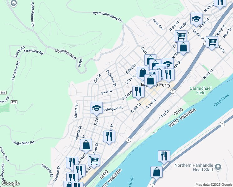 map of restaurants, bars, coffee shops, grocery stores, and more near 611 Delaware Street in Martins Ferry
