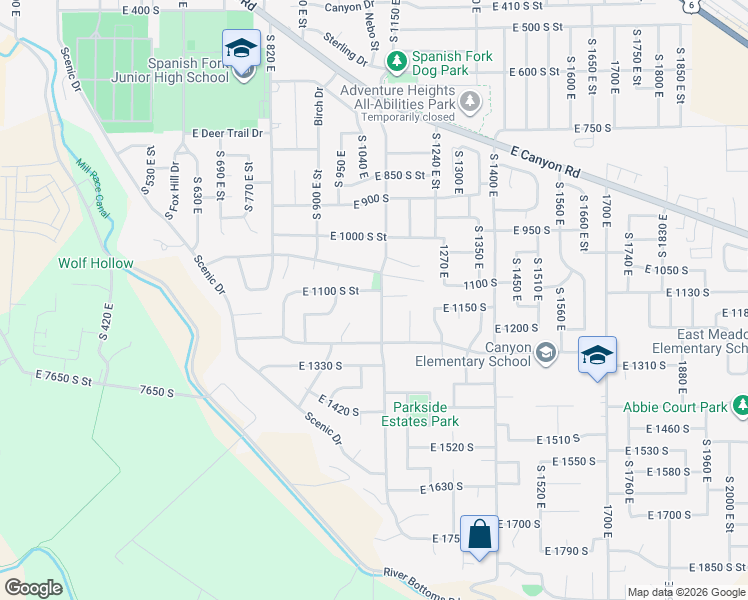 map of restaurants, bars, coffee shops, grocery stores, and more near 1124 S 1100 E in Spanish Fork