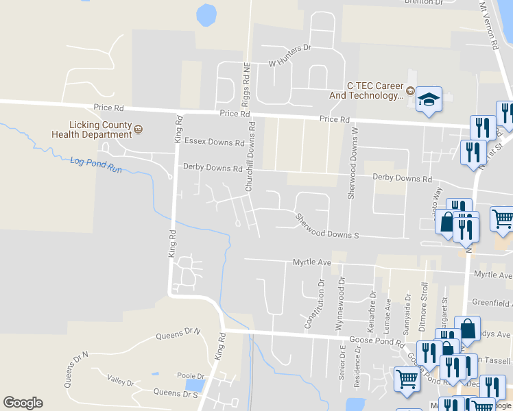 map of restaurants, bars, coffee shops, grocery stores, and more near 1700 Churchill Downs Road in Newark