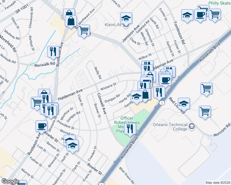 map of restaurants, bars, coffee shops, grocery stores, and more near 9959 Montour Street in Philadelphia