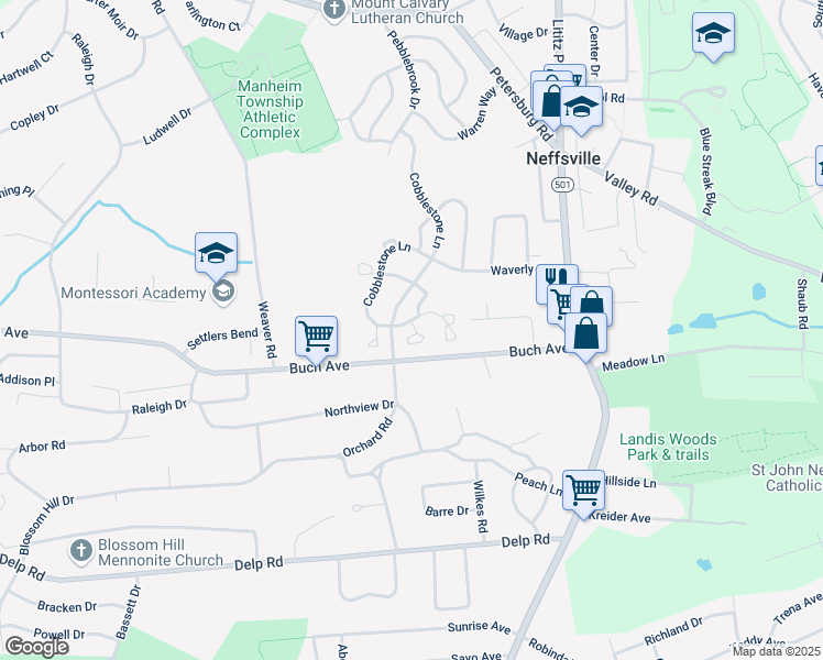 map of restaurants, bars, coffee shops, grocery stores, and more near 101 Cobblestone Lane in Lancaster