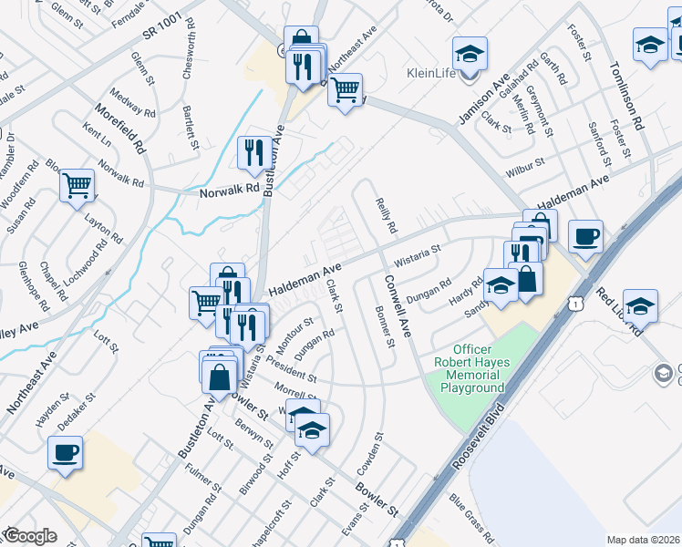 map of restaurants, bars, coffee shops, grocery stores, and more near 9825 Haldeman Avenue in Philadelphia