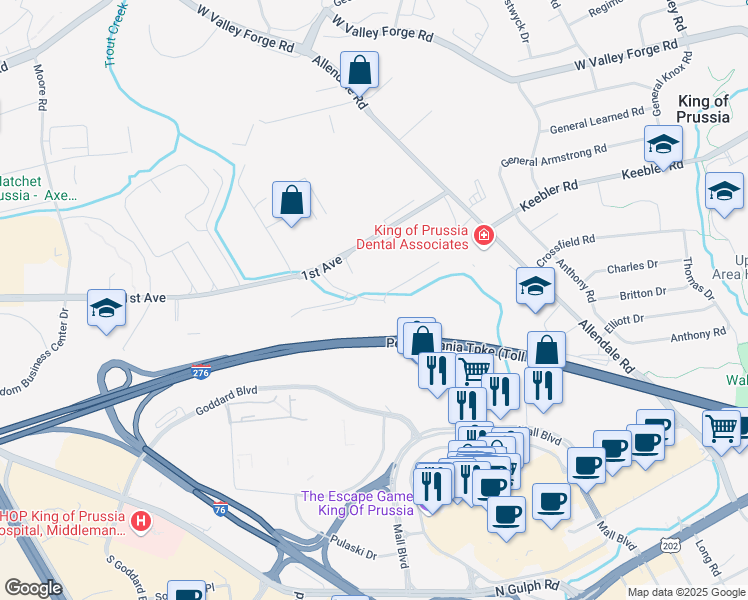 map of restaurants, bars, coffee shops, grocery stores, and more near 550 American Avenue in King of Prussia