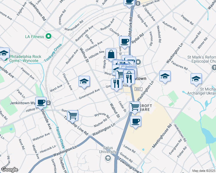 map of restaurants, bars, coffee shops, grocery stores, and more near 518 1/2 Greenwood Avenue in Jenkintown