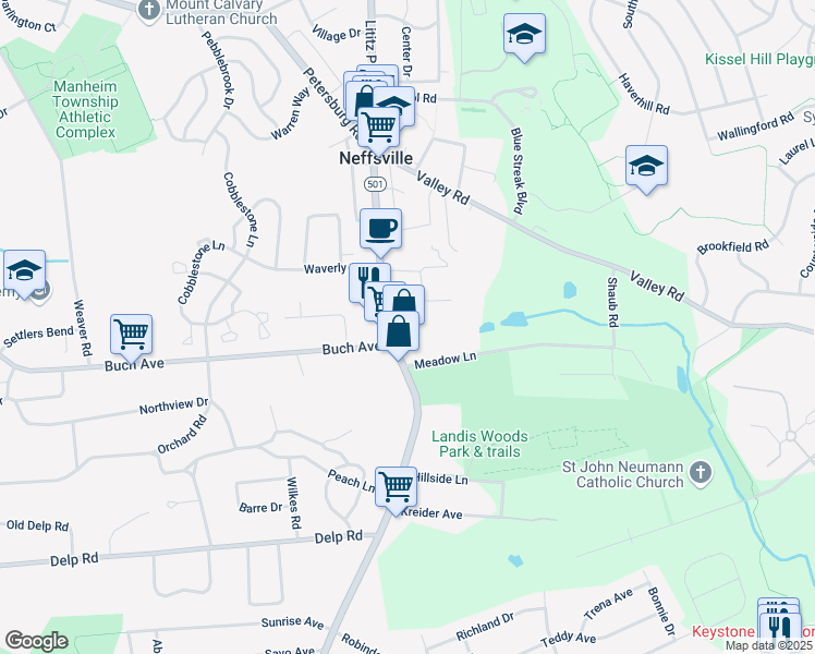 map of restaurants, bars, coffee shops, grocery stores, and more near 2511 Lititz Pike in Lancaster