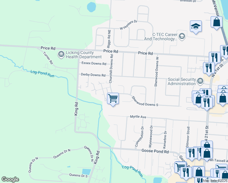 map of restaurants, bars, coffee shops, grocery stores, and more near 558 Sherwood Downs South in Newark