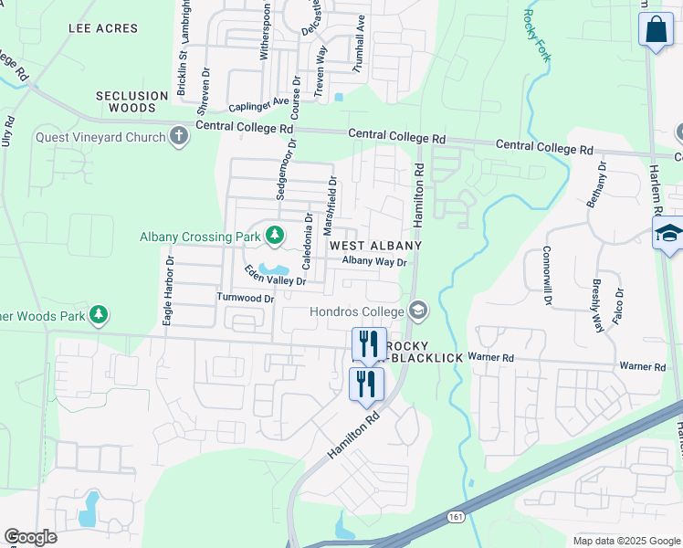 map of restaurants, bars, coffee shops, grocery stores, and more near 5606 Marshfield Drive in Westerville