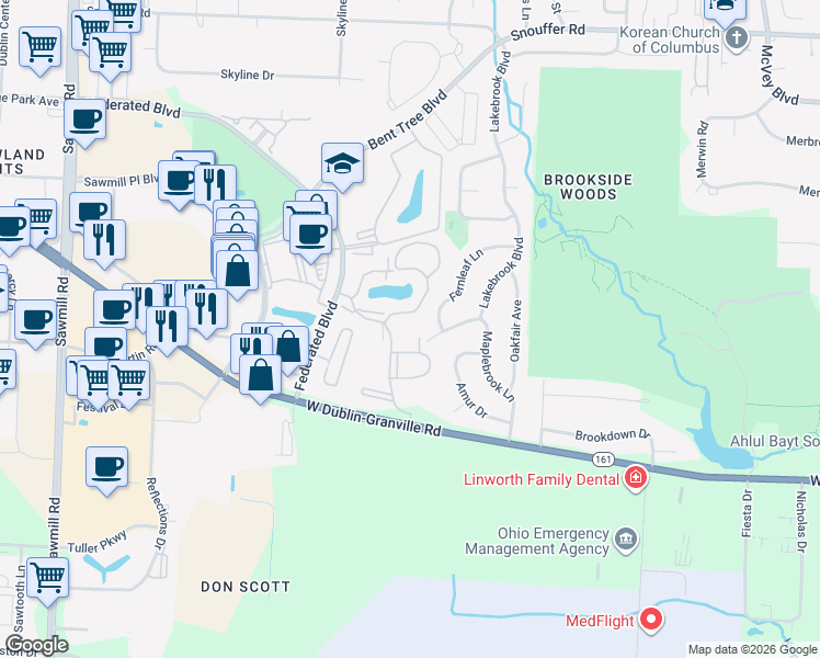 map of restaurants, bars, coffee shops, grocery stores, and more near 2278 Viburnum Lane in Columbus