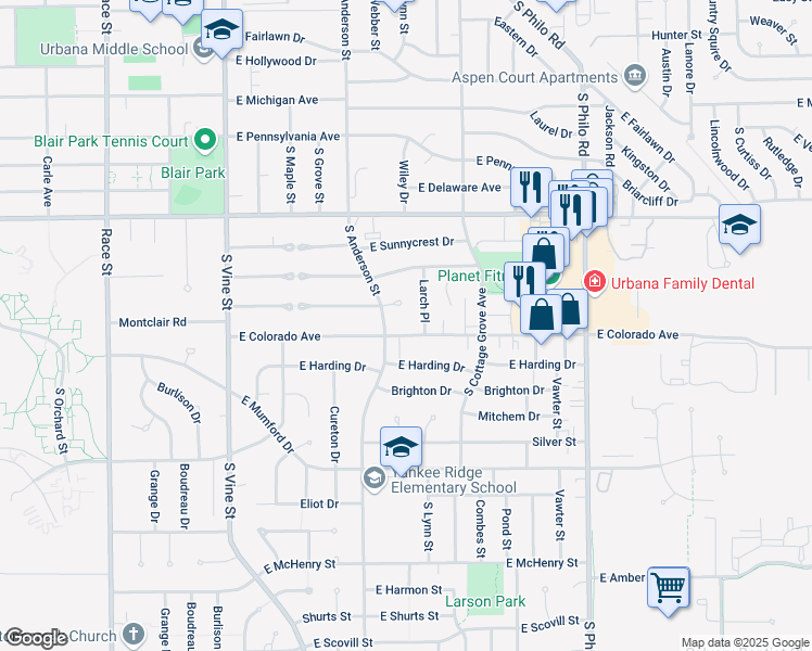 map of restaurants, bars, coffee shops, grocery stores, and more near 1814 South Anderson Street in Urbana