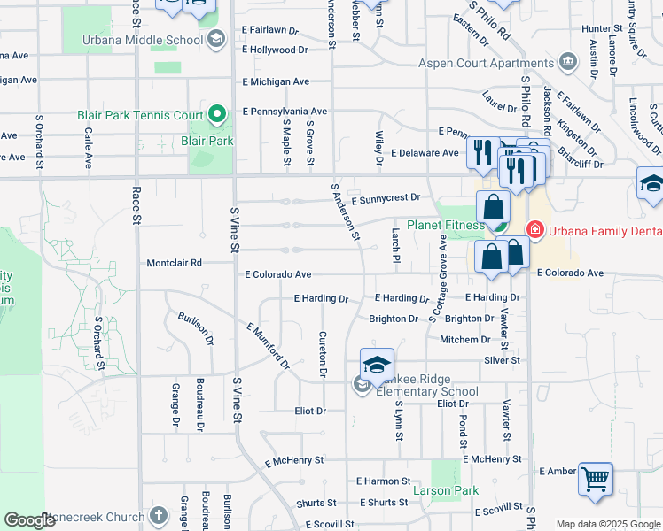 map of restaurants, bars, coffee shops, grocery stores, and more near 610 East Colorado Avenue in Urbana