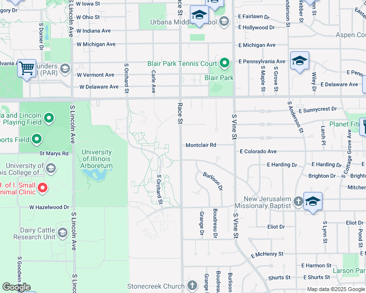 map of restaurants, bars, coffee shops, grocery stores, and more near 3 Montclair Road in Urbana