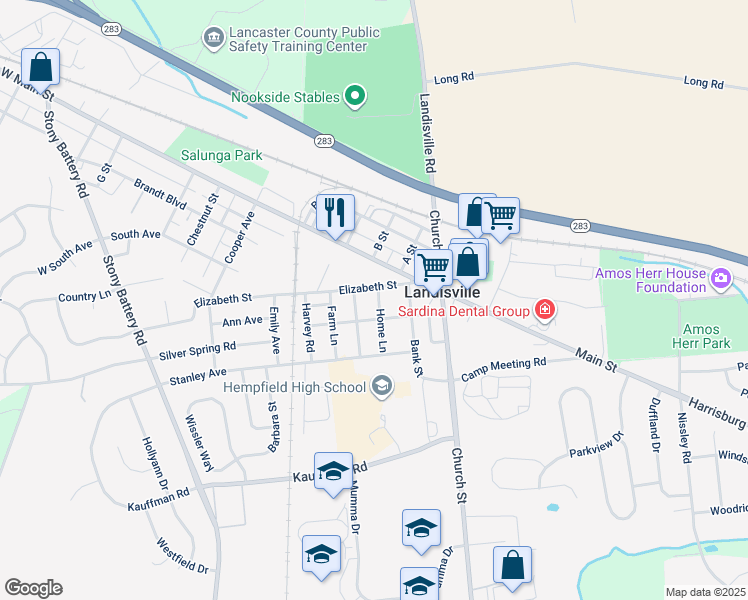 map of restaurants, bars, coffee shops, grocery stores, and more near 100 Home Lane in Landisville