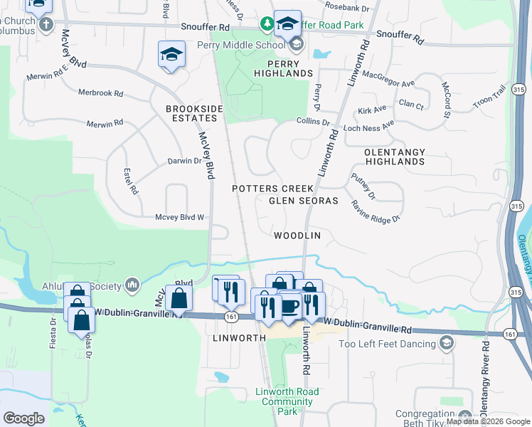 map of restaurants, bars, coffee shops, grocery stores, and more near 1316 Lakeside Court in Worthington