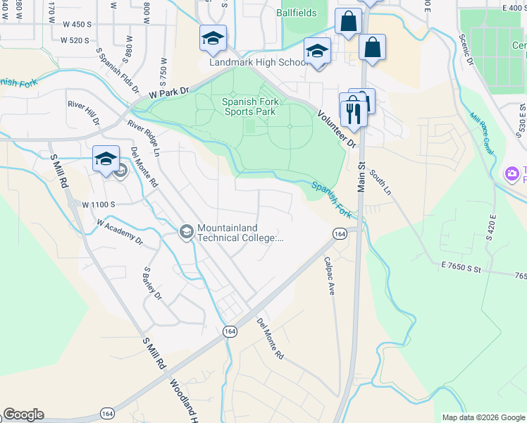 map of restaurants, bars, coffee shops, grocery stores, and more near 1133 River View Drive in Spanish Fork