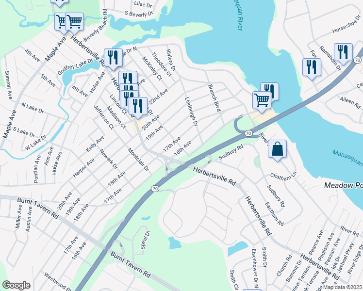 map of restaurants, bars, coffee shops, grocery stores, and more near 241 16th Avenue in Brick Township