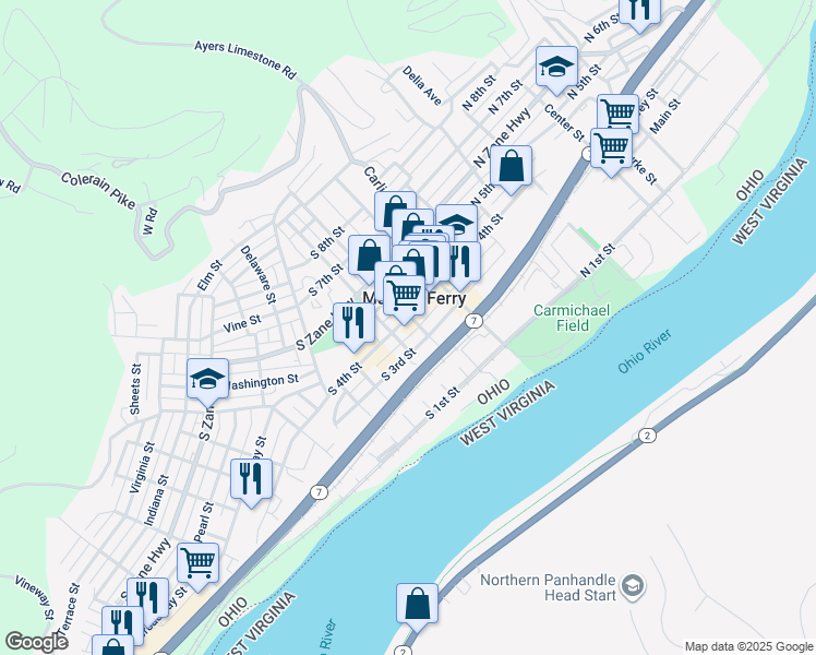 map of restaurants, bars, coffee shops, grocery stores, and more near 115 South 4th Street in Martins Ferry