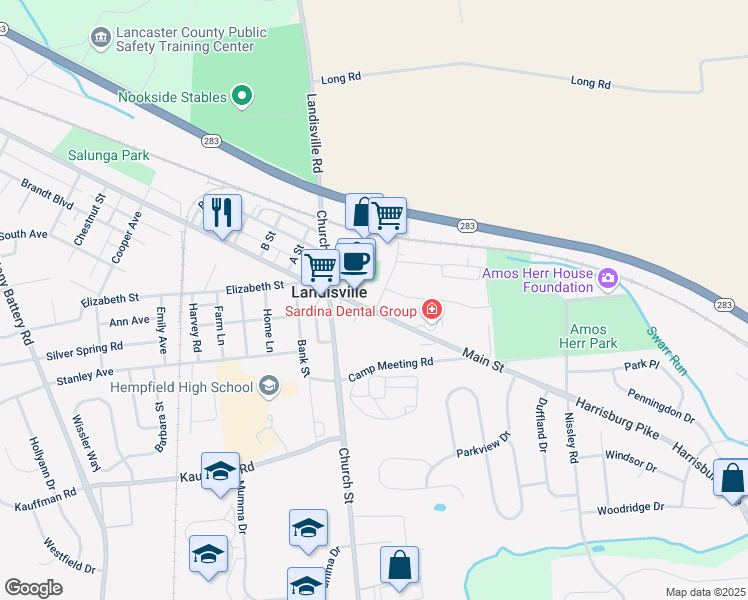 map of restaurants, bars, coffee shops, grocery stores, and more near 359 Main Street in Landisville