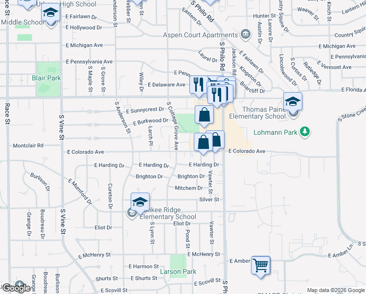 map of restaurants, bars, coffee shops, grocery stores, and more near 1102 East Colorado Avenue in Urbana