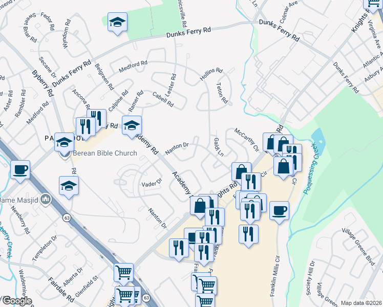 map of restaurants, bars, coffee shops, grocery stores, and more near 3672 Friar Road in Philadelphia