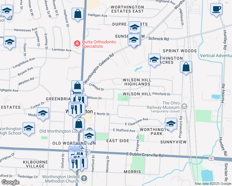 map of restaurants, bars, coffee shops, grocery stores, and more near 1104 Morning Street in Worthington