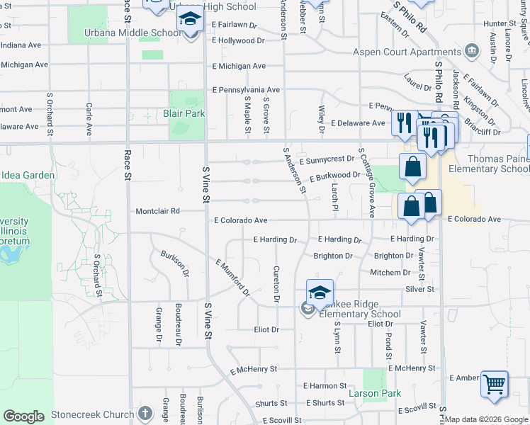 map of restaurants, bars, coffee shops, grocery stores, and more near 506 East Colorado Avenue in Urbana