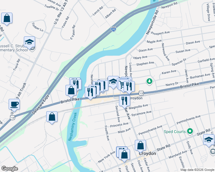 map of restaurants, bars, coffee shops, grocery stores, and more near 131 Hillcrest Avenue in Croydon