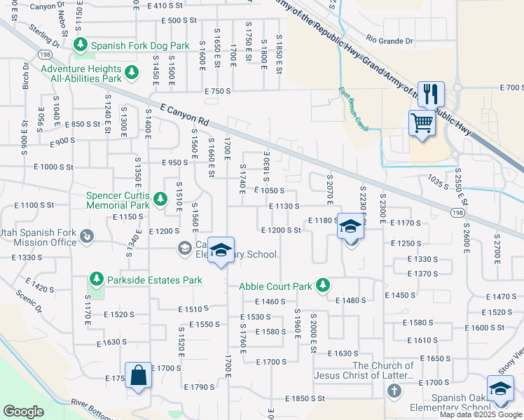 map of restaurants, bars, coffee shops, grocery stores, and more near 1133 South 1800 East in Spanish Fork