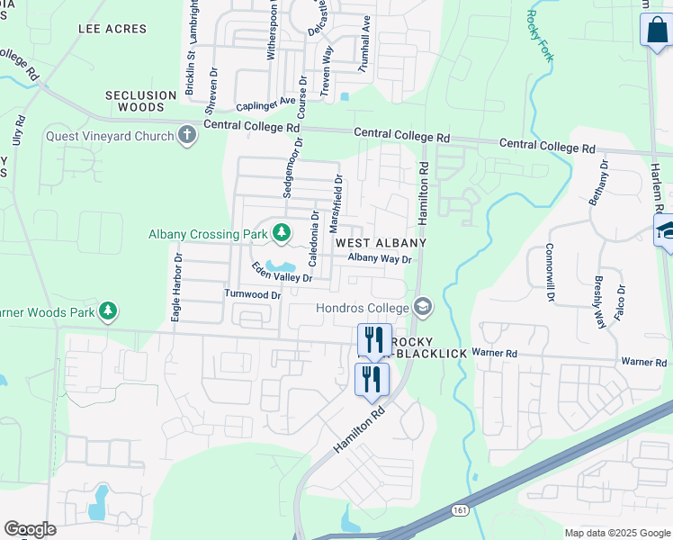 map of restaurants, bars, coffee shops, grocery stores, and more near 5606 Marshfield Drive in Westerville