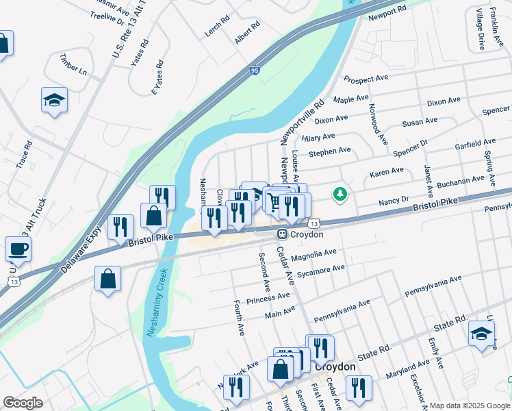 map of restaurants, bars, coffee shops, grocery stores, and more near 156 Walnut Avenue in Croydon