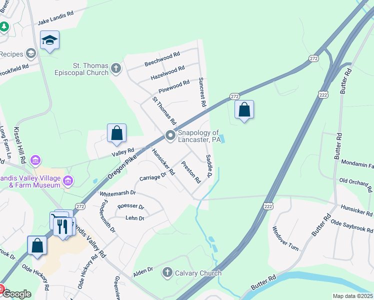 map of restaurants, bars, coffee shops, grocery stores, and more near 1017 Tracy Road in Lancaster