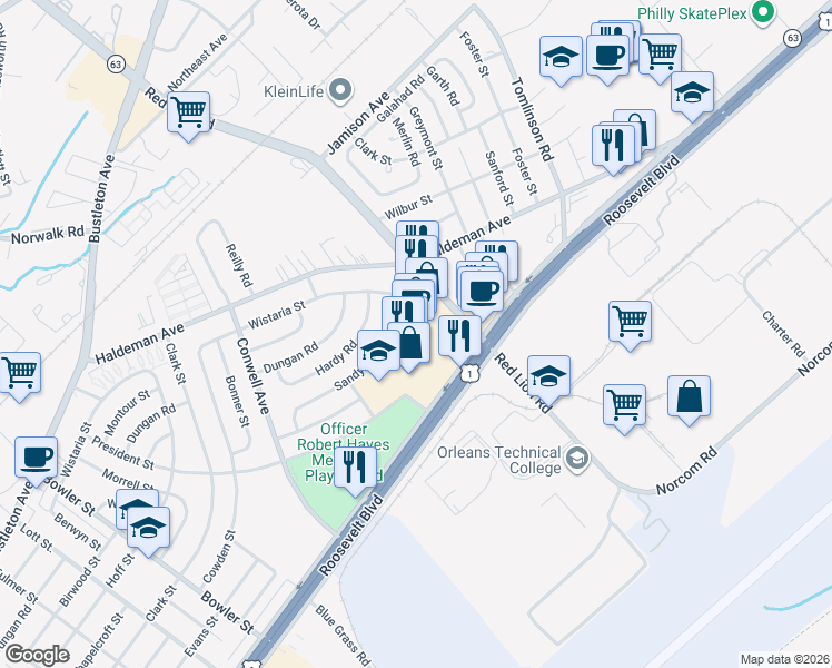map of restaurants, bars, coffee shops, grocery stores, and more near 9940 Roosevelt Boulevard in Philadelphia