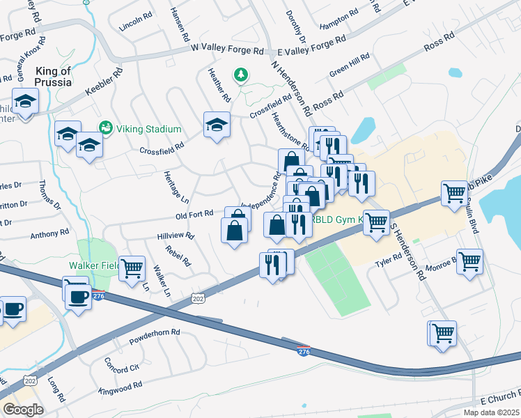 map of restaurants, bars, coffee shops, grocery stores, and more near 249 Independence Road in King of Prussia