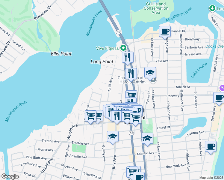 map of restaurants, bars, coffee shops, grocery stores, and more near 334 Curtis Avenue in Point Pleasant Beach