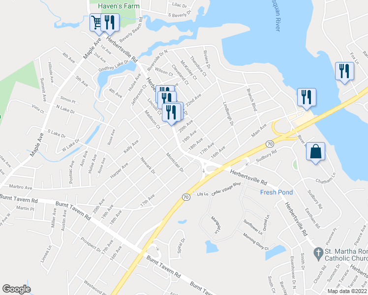 map of restaurants, bars, coffee shops, grocery stores, and more near 380 Herbertsville Road in Brick Township