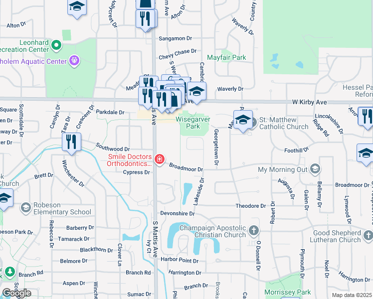 map of restaurants, bars, coffee shops, grocery stores, and more near 1610 Lakeside Drive in Champaign