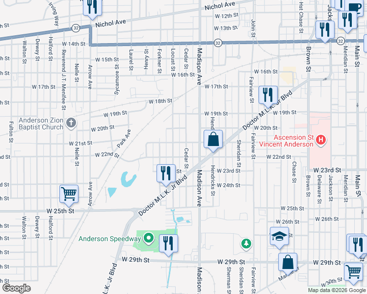 map of restaurants, bars, coffee shops, grocery stores, and more near 2111 Cedar Street in Anderson