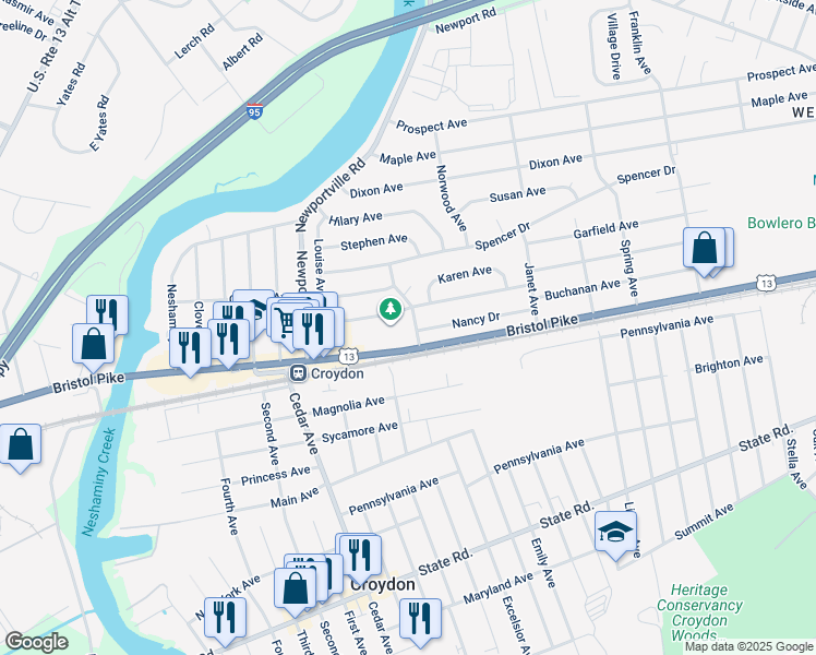 map of restaurants, bars, coffee shops, grocery stores, and more near 105 Dorset Avenue in Croydon