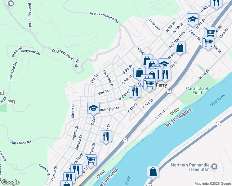 map of restaurants, bars, coffee shops, grocery stores, and more near 611 Delaware Street in Martins Ferry