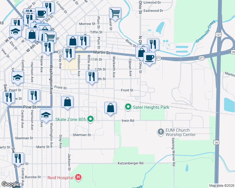 map of restaurants, bars, coffee shops, grocery stores, and more near 507 Markwith Avenue in Greenville