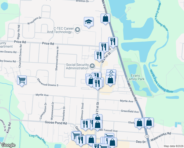 map of restaurants, bars, coffee shops, grocery stores, and more near 100 Pimlico Avenue in Newark
