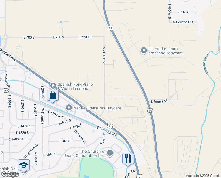 map of restaurants, bars, coffee shops, grocery stores, and more near 3462 East 1120 South in Spanish Fork
