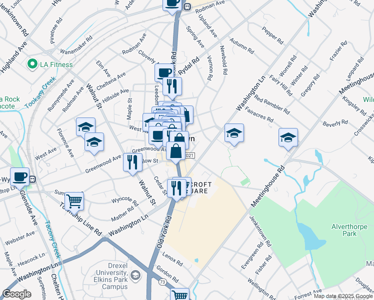 map of restaurants, bars, coffee shops, grocery stores, and more near in Jenkintown