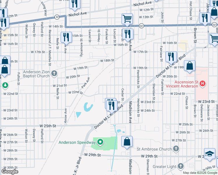 map of restaurants, bars, coffee shops, grocery stores, and more near 2110 Forkner Street in Anderson