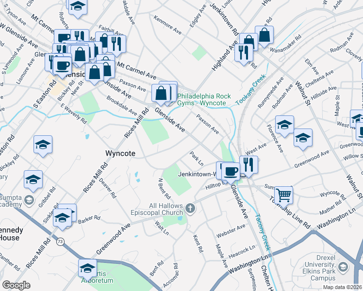 map of restaurants, bars, coffee shops, grocery stores, and more near 112 Waverly Road in Wyncote