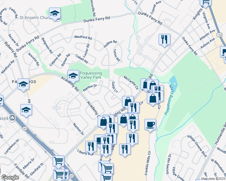 map of restaurants, bars, coffee shops, grocery stores, and more near 12819 Galdi Lane in Philadelphia